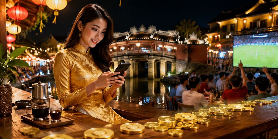 Phụ nữ mặc áo dài tại Hội An sử dụng điện thoại trải nghiệm casino di động và jackpot